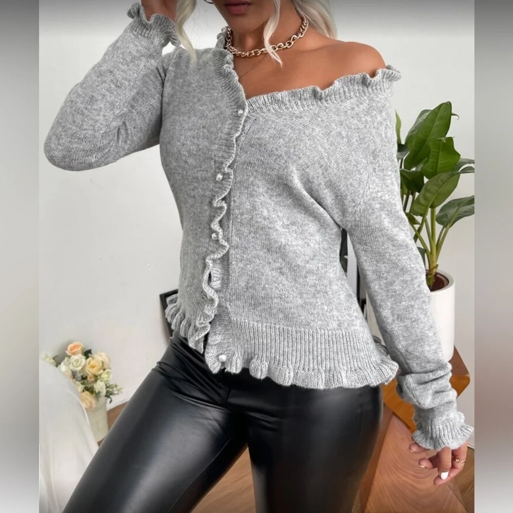 Gray Ruffled Button-Up Sweater - Picture 5 of 5